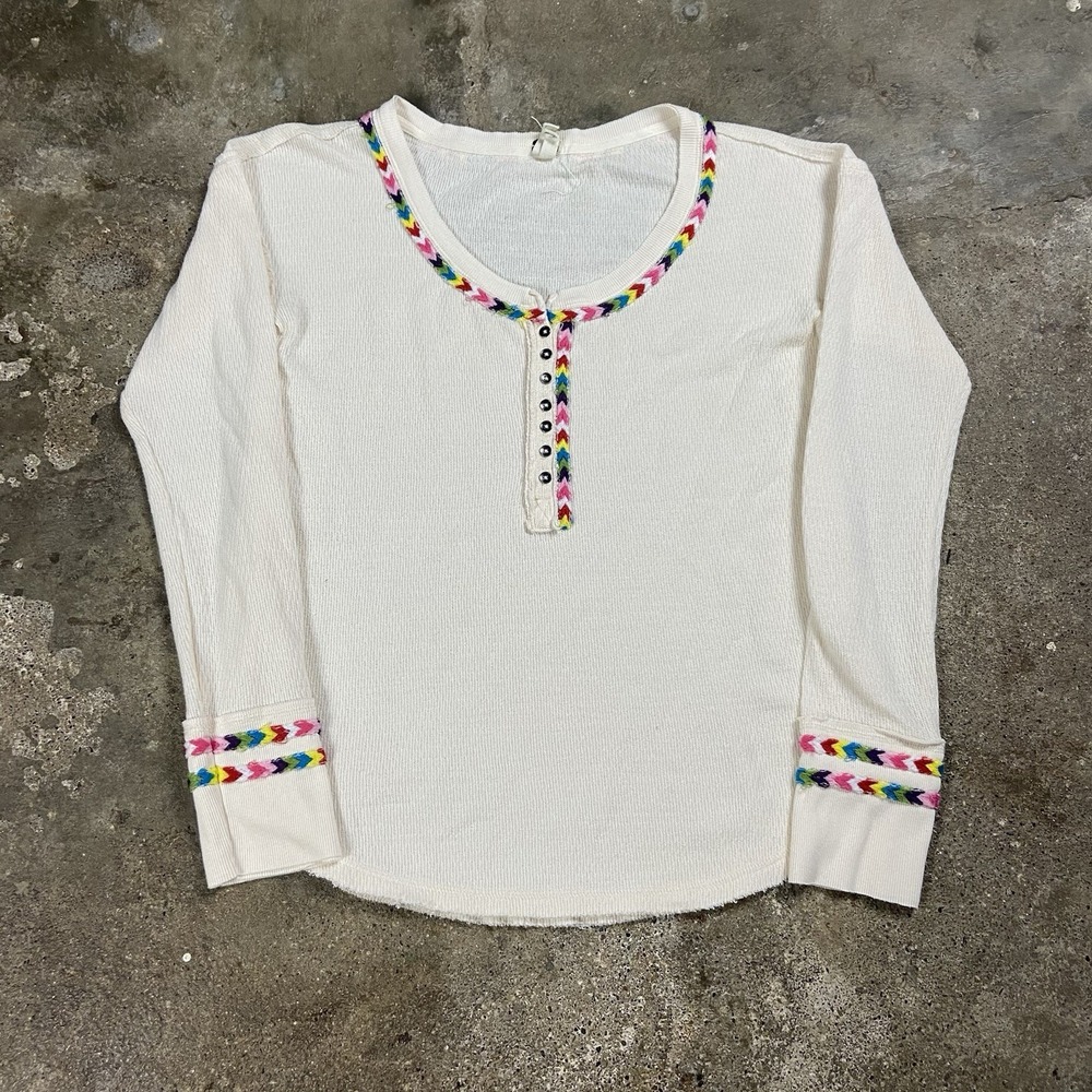 We The Free People Henley Shirt Women's Size Medium White Long Sleeve Rainbow